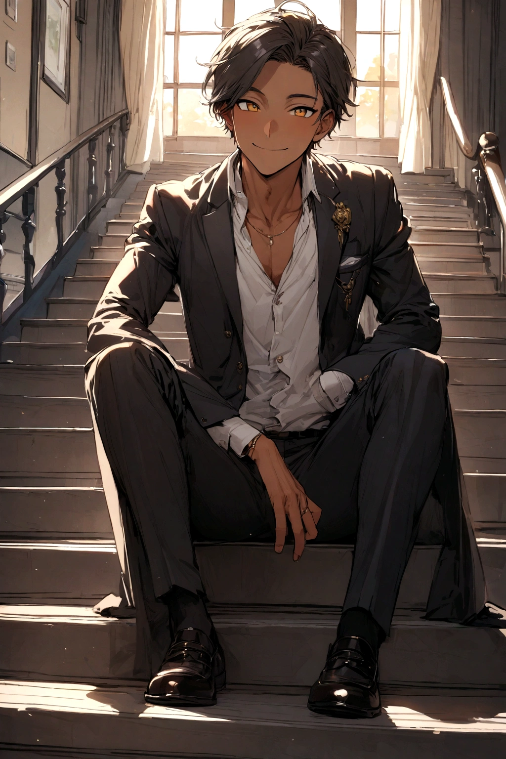 Handsome light tan skinned boy in sitting on the stairs with a cheerful smile while smoking on the stairs from his high school