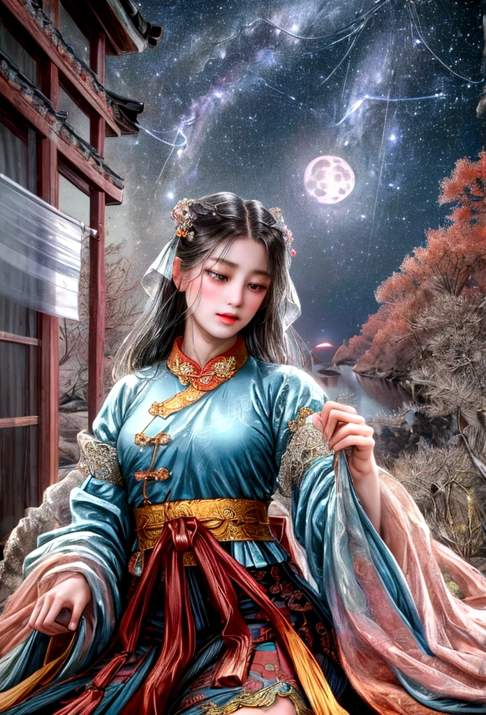 masterpiece, Highest quality: 1.4)， Detailed Background，A beautiful ancient Chinese fairy looks at the camera，streamer，Gauze cloth，Floating in the air，Elevation angle of view，The Milky Way is amazing，The full moon is empty，