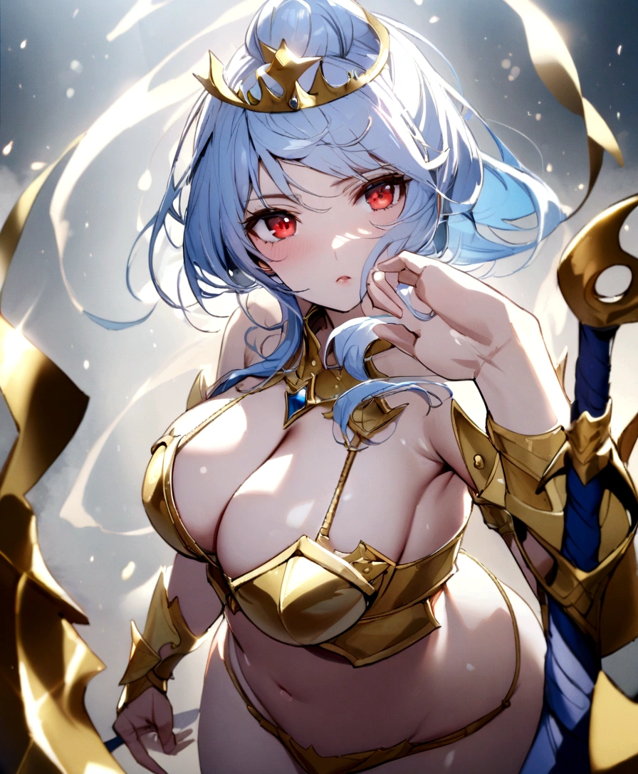 Golden bikini armor, golden crown, bare belly, big breasts, blue hair, red eyes, bikini armor, gold