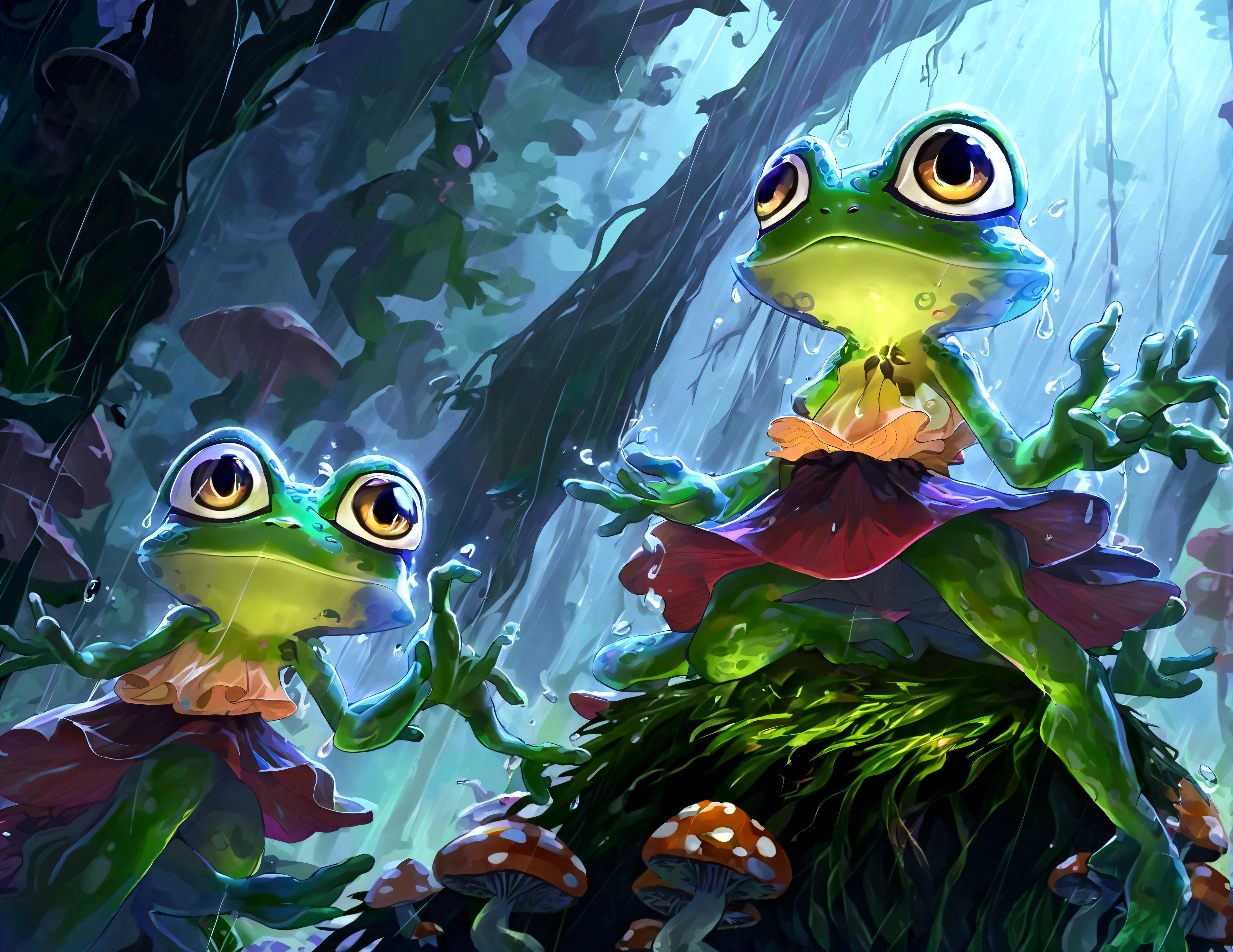 A bunch of frogs transform into lovely women (moss breast drapes and skirt, frog hands, light green skin with mottling, over large eyes) during a heavy rain, dancing around glowing mushrooms in a deep dark forest