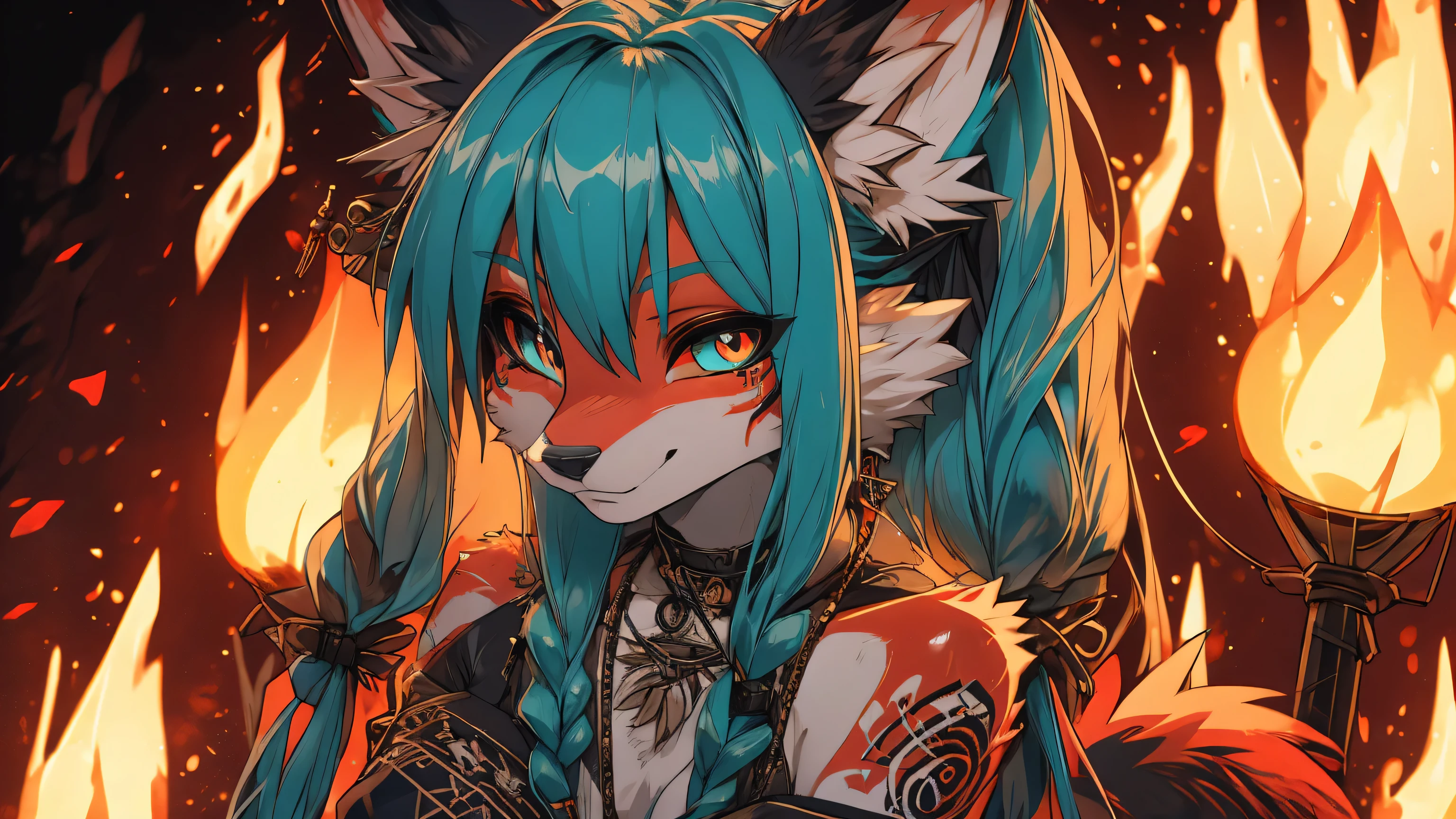 Miku Hatsune, add high definition_detail:1, blue fur,kitsune ears, tribal tattoo add_detail:1, in hell add_detail 