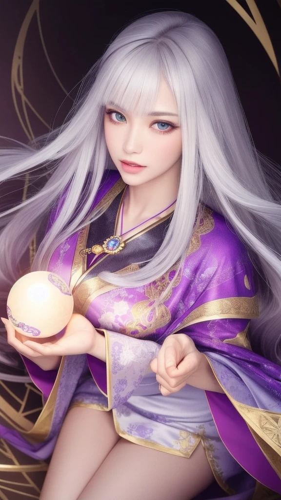 (masterpiece, top quality, 1 female, solo, exquisite details, chromatic aberration), (realistic), (skin), ((breathing)), (silver hair, blunt bangs, cropped straight long hair, short bangs, silver hair), beautiful hair, red headdress, highlights, hair on one eye, beautiful eyes, purple eyes, thick lips, earrings, piercing eyes, ((gold and white kimono)), ((symmetrical eyes)), ((perfectly symmetrical body)), ((perfectly symmetrical hands)), (purerosface_v1:0.3), full moon night, ((self, natural light))), bright lighting, flowers blooming in the background, in front of the viewer, ((central shot, from the front, (face and shoulders))), mysterious atmosphere, colorful flowers blooming around, light colored background, fortune teller in kimono, beautiful fortune teller, fortune teller, Fantasy female fortune teller, female fortune teller, fantasy photography, Japanese style, fortune teller in kimono, elegant cinematic fantasy art, fantasy woman, magician portrait, fortune teller, powerful wizard surrounded by mystical colorful flowers, holding a glowing heart crystal ball, eyes glowing with mystical energy, spells leaking from her mouth, vivid swirls of sorcery pulsating with iridescent hues appear in the air, magic permeates, flowers bloom, sacred creatures gaze in awe, threads of magical energy dance, reveal hidden realms, unravel secrets, capture the essence of this enchanting moment and bring to life the mysterious power of sorcery on a canvas of the highest quality and finest detail. Top Quality, Masterpiece, Ultra High Resolution, (Photorealistic: 1.4), RAW Photo, Sharp Focus, High Resolution, Detailed Skin.
