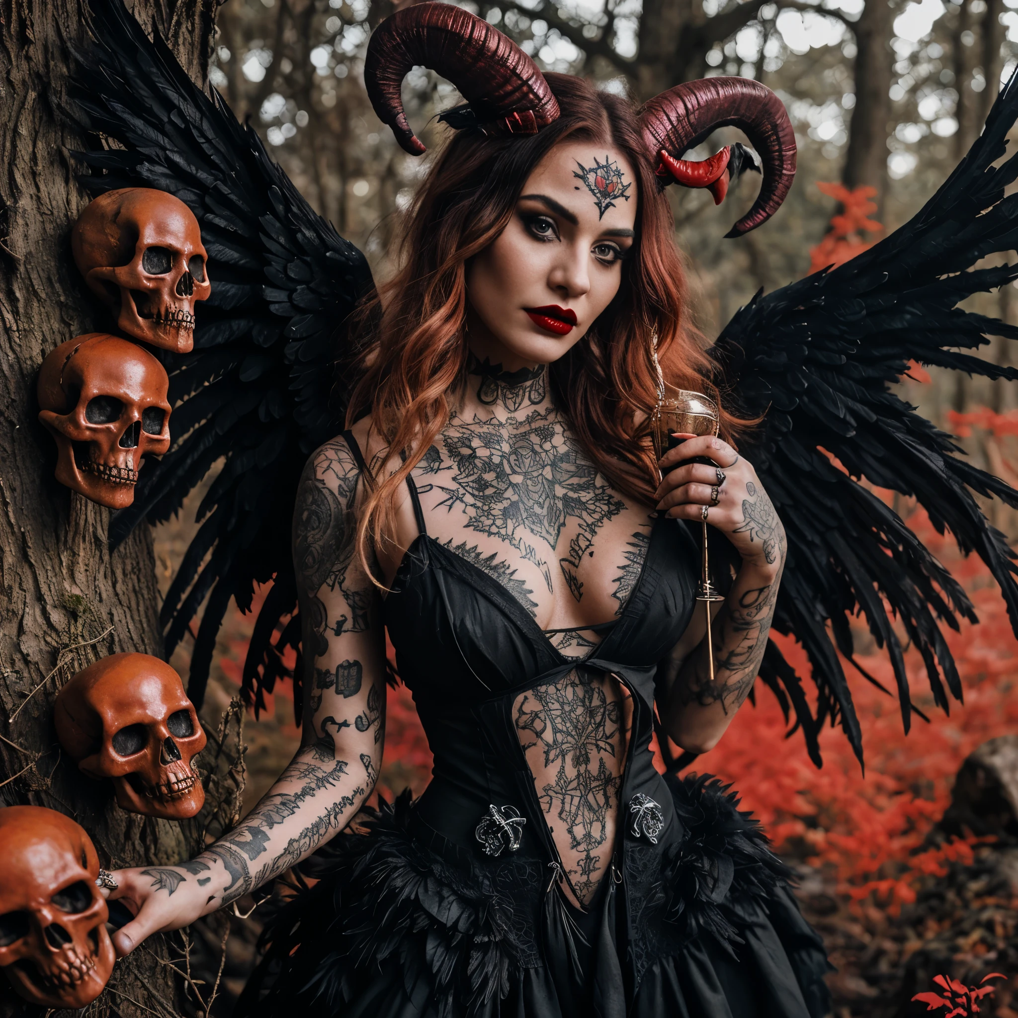 Ultra realistic, real work. detailed. a witch with tattoos on her body, she wears a ragged black dress with a low neckline, black nails, red lipstick, red horns, she has raven wings. She finds herself in a daylit forest with red skulls.