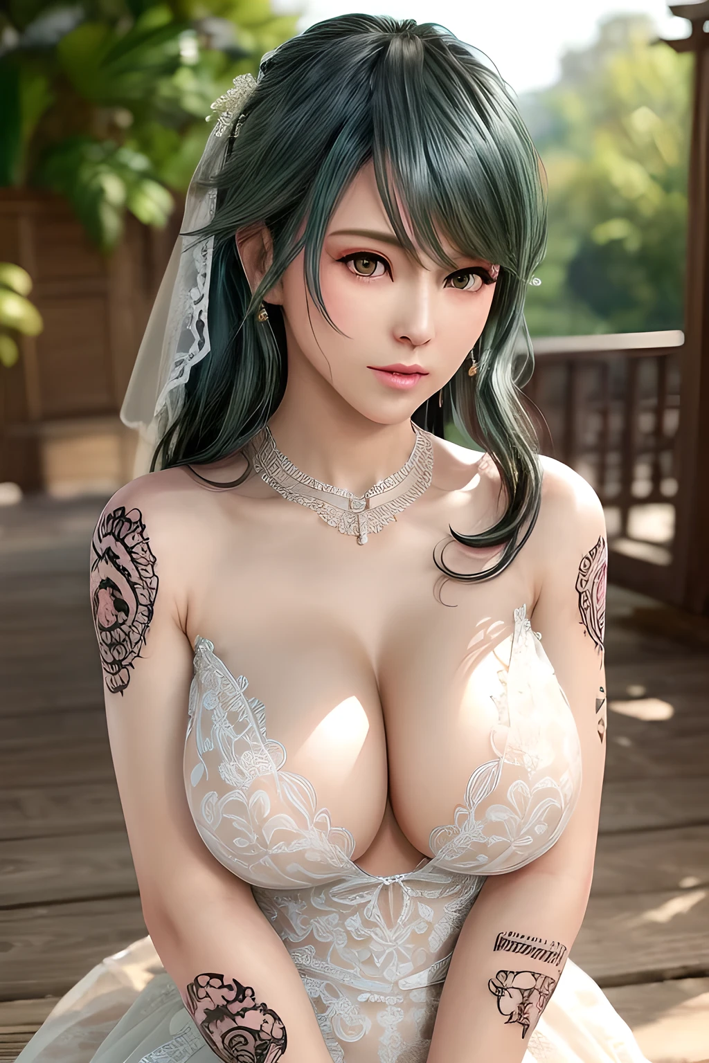1girl,Tamaki,(Wearing Wedding_dress with Jewelry),(fashionable_Tattoos),(huge breasts),collarbone, cleavage,Detailed Hair,(Tattoos),(masterpiece:1.5),( best quality:1.4), ultra-detailed,(((realisetic))),8K,{ (photorealistic:1.37),movie soft light,