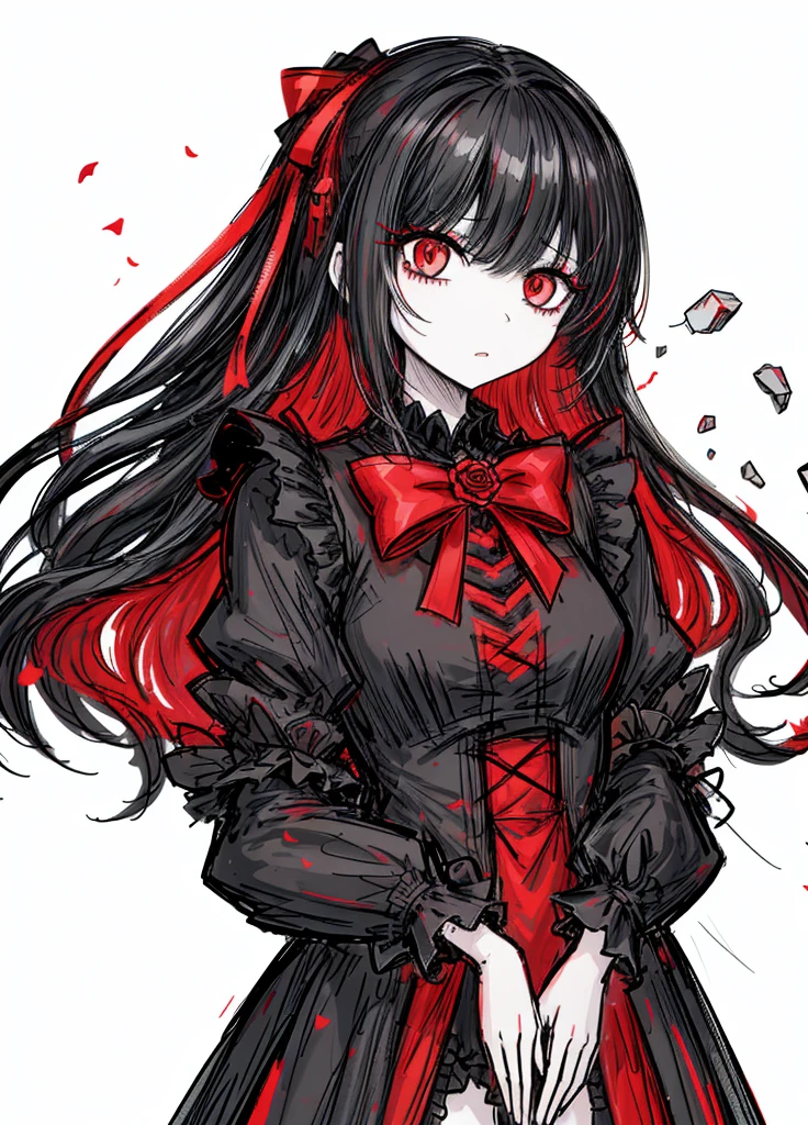 1girl, black hair, (red eye) ,red rose, Red bow, black noble dress ,pale skin,
(high resolution, high detail, best quality), mysterious, elegant, shy