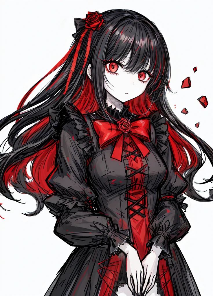 1girl, black hair, (red eye) ,red rose, Red bow, black noble dress ,pale skin,
(high resolution, high detail, best quality), mysterious, elegant, shy