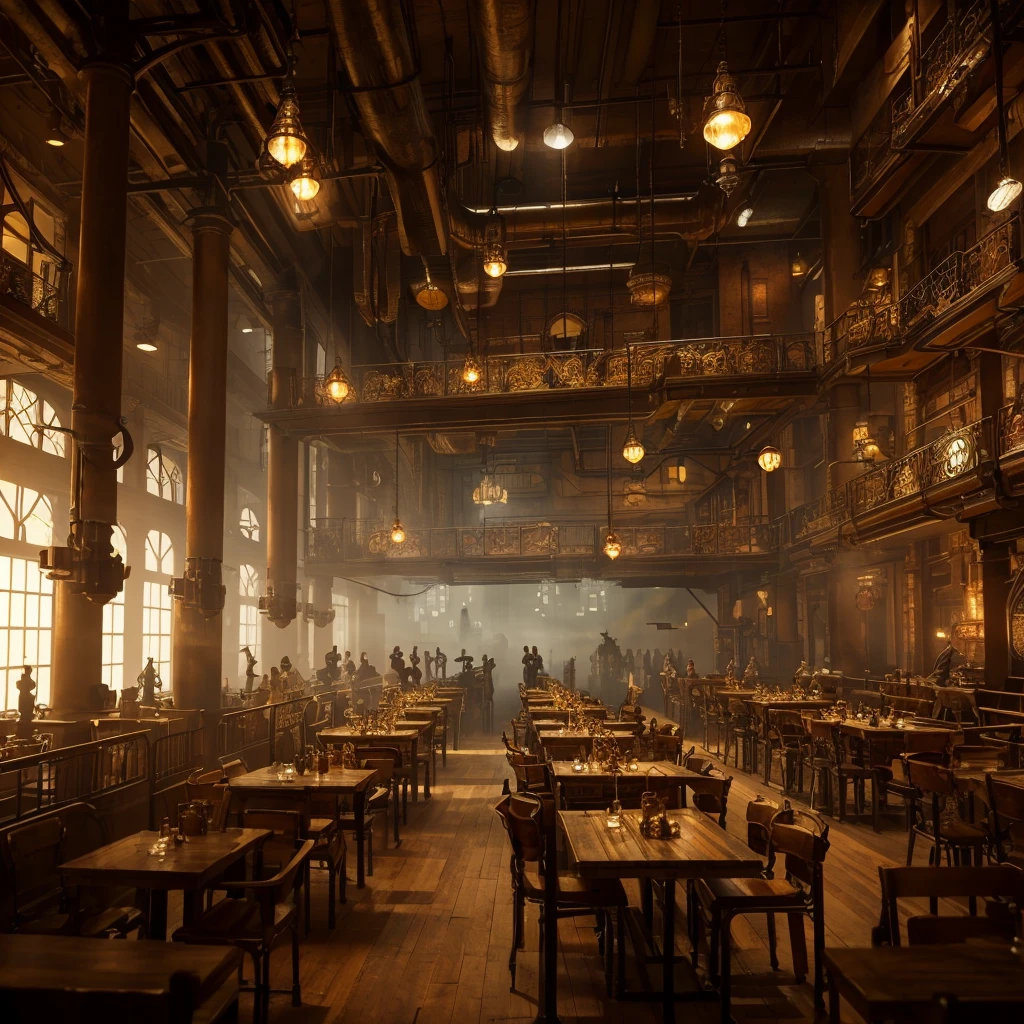 There is a large room with plenty of lighting and many tables., Steampunk Factory Background, Matte painting of steam machinery, Lighting with a fantastic atmosphere, steampunk Concept Art, Steampunk setting, Dramatic lighting. Concept Art, In the steampunk laboratory, Inspired by Victorian science fiction, 3D rendered steampunk, Theme: Steampunk, Golden steampunk city atmosphere, Concept Art stunning atmosphere