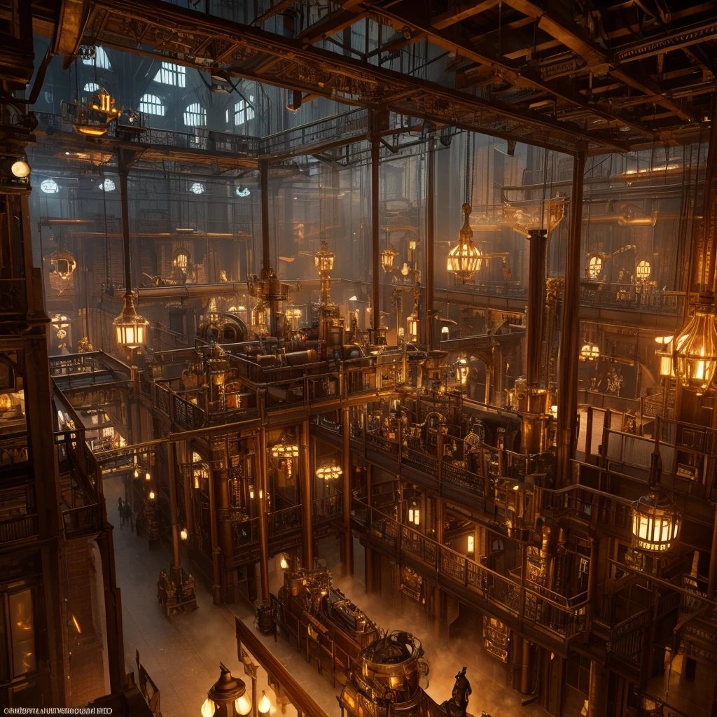 There is a large room with plenty of lighting and many tables., Steampunk Factory Background, Matte painting of steam machinery, Lighting with a fantastic atmosphere, steampunk Concept Art, Steampunk setting, Dramatic lighting. Concept Art, In the steampunk laboratory, Inspired by Victorian science fiction, 3D rendered steampunk, Theme: Steampunk, Golden steampunk city atmosphere, Concept Art stunning atmosphere