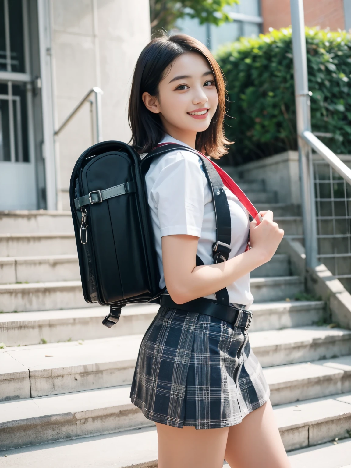 Masterpiece, hd, realistic 18 year old female high school girl standing on the stairs of school,white shirt,blue and red plaid miniskirt:1.5,best smile，blonde with short cut:1.5，Side waves with a short cut，Carrying a school backpack, (school backpack:1.2)