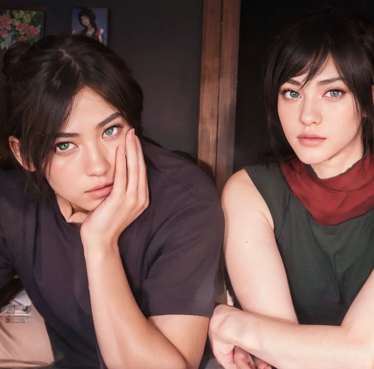 (RAW photo:1.2), (photorealistic:1.4),(masterpiece:1.3),(best quality:1.4),ultra high res,HDR,8k, (extreme detailed illustration), 1 japanese girl with black hair and grey eyes next to 1 guy with brown hair and emerald green eyes