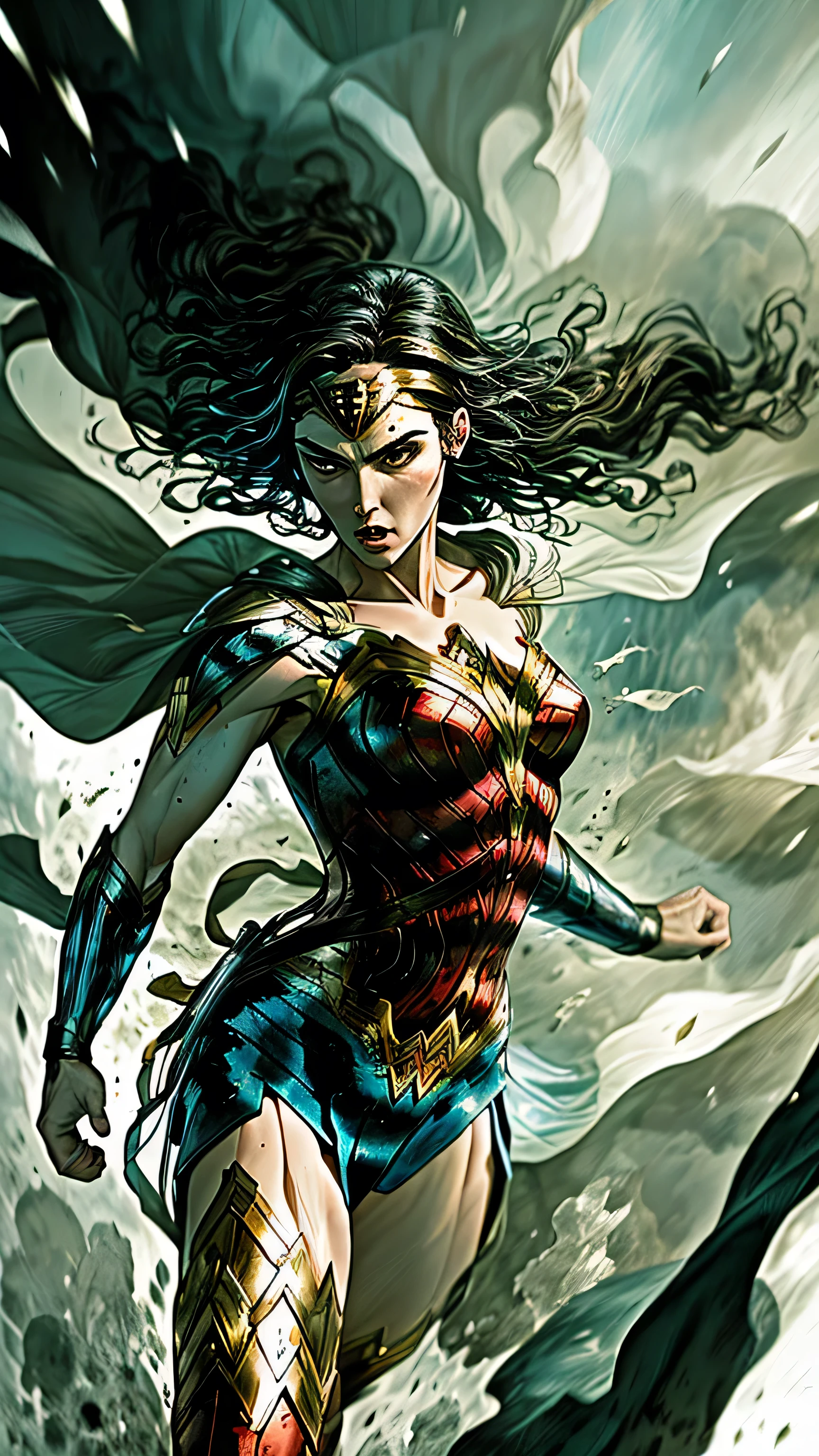 Wonder Woman fighting in style, ethereal wind armor, in the style of mdrnkz3