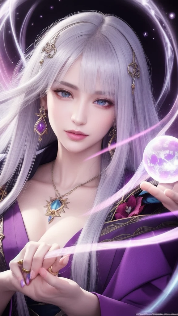 (masterpiece, top quality, 1 female, solo, exquisite details, chromatic aberration), (realistic), (skin), ((breathing)), (silver hair, blunt bangs, cropped straight long hair, short bangs, silver hair), beautiful hair, red headdress, highlights, hair on one eye, beautiful eyes, purple eyes, thick lips, earrings, piercing eyes, ((gold and white kimono)), ((symmetrical eyes)), ((perfectly symmetrical body)), ((perfectly symmetrical hands)), (purerosface_v1:0.3), full moon night, ((self, natural light))), bright lighting, flowers blooming in the background, in front of the viewer, ((central shot, from the front, (face and shoulders))), mysterious atmosphere, colorful flowers blooming around, light colored background, fortune teller in kimono, beautiful fortune teller, fortune teller, Fantasy female fortune teller, female fortune teller, fantasy photography, Japanese style, fortune teller in kimono, elegant cinematic fantasy art, fantasy woman, magician portrait, fortune teller, powerful wizard surrounded by mystical colorful flowers, holding a glowing heart crystal ball, eyes glowing with mystical energy, spells leaking from her mouth, vivid swirls of sorcery pulsating with iridescent hues appear in the air, magic permeates, flowers bloom, sacred creatures gaze in awe, threads of magical energy dance, reveal hidden realms, unravel secrets, capture the essence of this enchanting moment and bring to life the mysterious power of sorcery on a canvas of the highest quality and finest detail. Top Quality, Masterpiece, Ultra High Resolution, (Photorealistic: 1.4), RAW Photo, Sharp Focus, High Resolution, Detailed Skin.