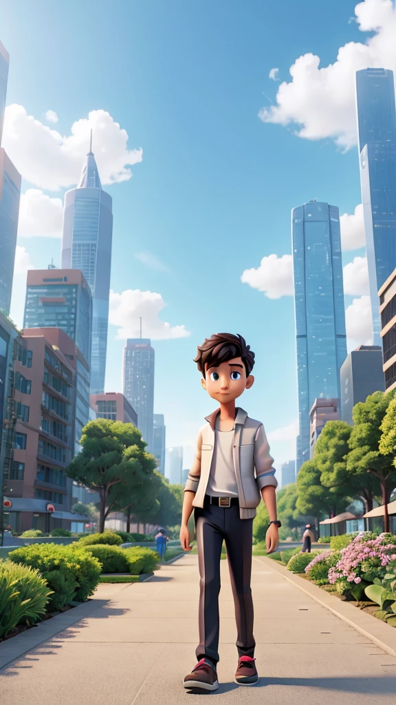 The highly productive boy with a seductive figure is walking on a pathway in the futuristic city park in the year 2050, facing the camera from the left side, carrying a holographic tablet. The backdrop consists of minimalist buildings and a park filled with neon plants.