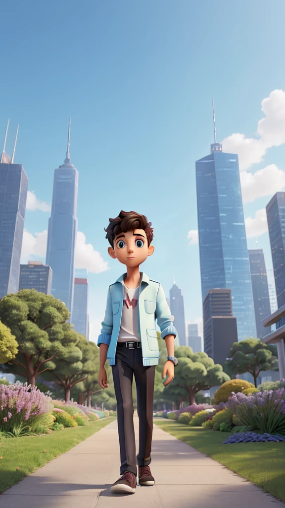 The highly productive boy with a seductive figure is walking on a pathway in the futuristic city park in the year 2050, facing the camera from the left side, carrying a holographic tablet. The backdrop consists of minimalist buildings and a park filled with neon plants.