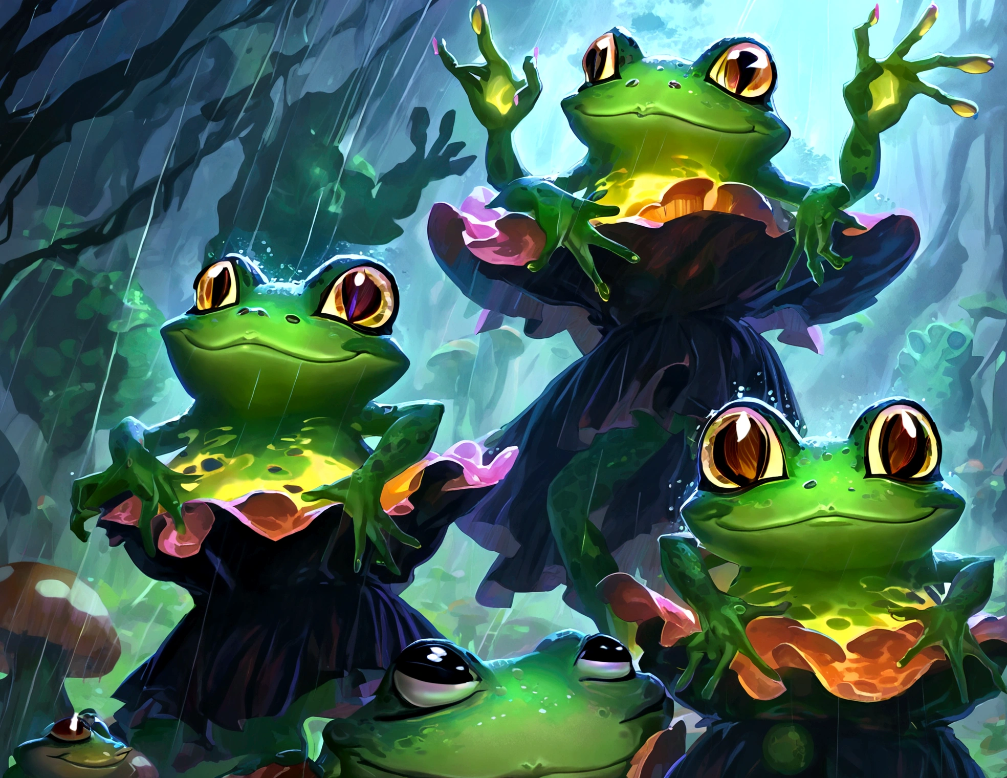 A bunch of frogs transform into lovely women (moss breast drapes and skirt, frog hands, light green skin with mottling, over large eyes) during a heavy rain, dancing around glowing mushrooms in a deep dark forest