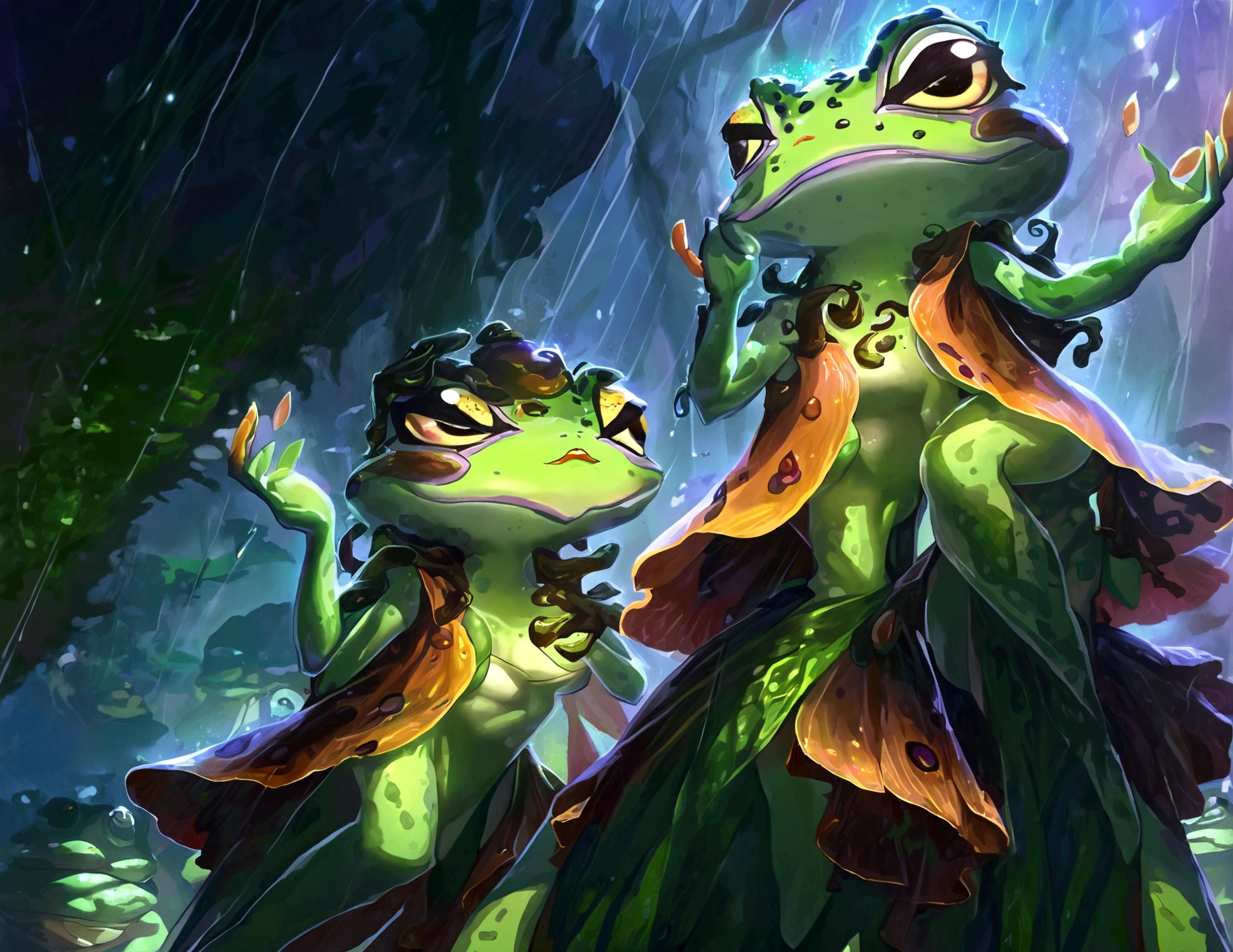 A bunch of frogs transform into lovely women (moss breast drapes and skirt, frog hands, light green skin with mottling, over large eyes) during a heavy rain, dancing around glowing mushrooms in a deep dark forest