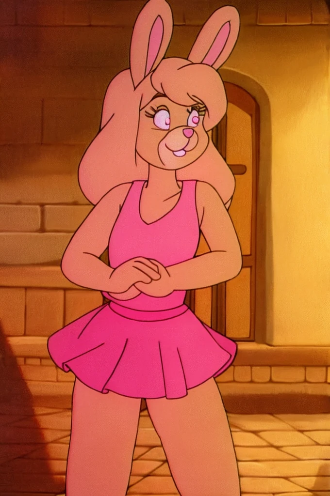 Furry Yellow bunny with white eyes with hot pink pupil and pink collar with a heart, with mat instead of chest without clothes just a skirt cartoonish Hanna-Barbera type, Women, Mexican pink volume skirt, BALD, with her hands holding the skirt, solo