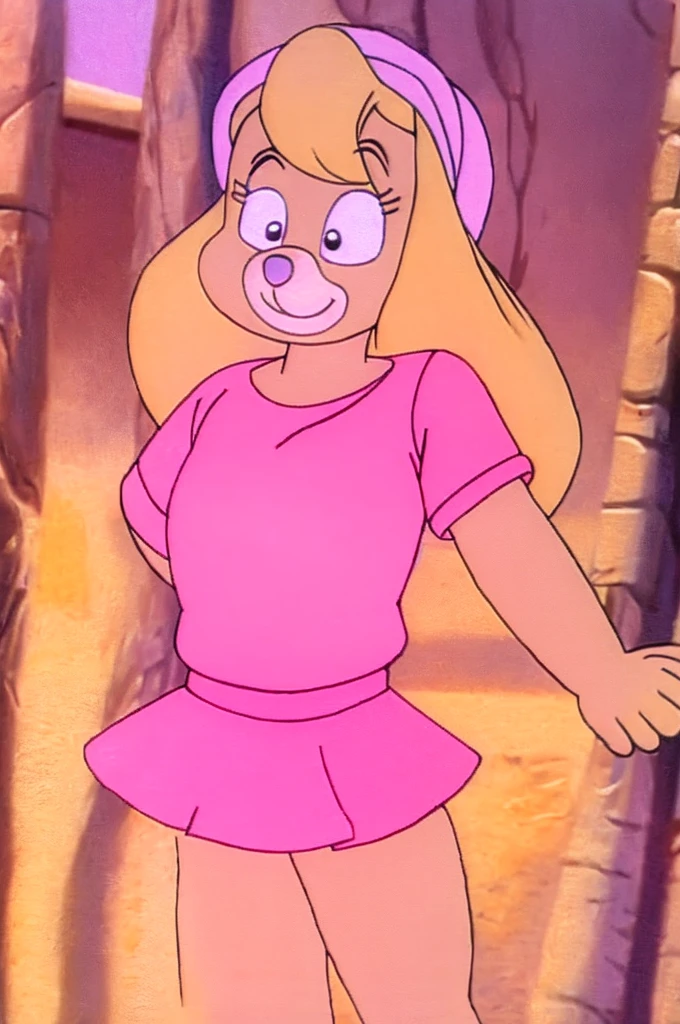 Furry Yellow bunny with white eyes with hot pink pupil and pink collar with a heart, with mat instead of chest without clothes just a skirt cartoonish Hanna-Barbera type, Women, Mexican pink volume skirt, BALD, with her hands holding the skirt, solo