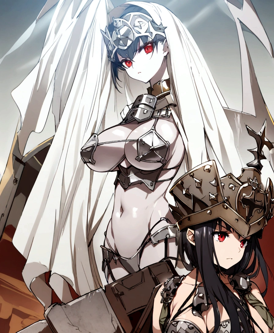 Iron bikini armor, iron crown, bare belly, big breasts, black hair, red eyes, bikini armor, iron