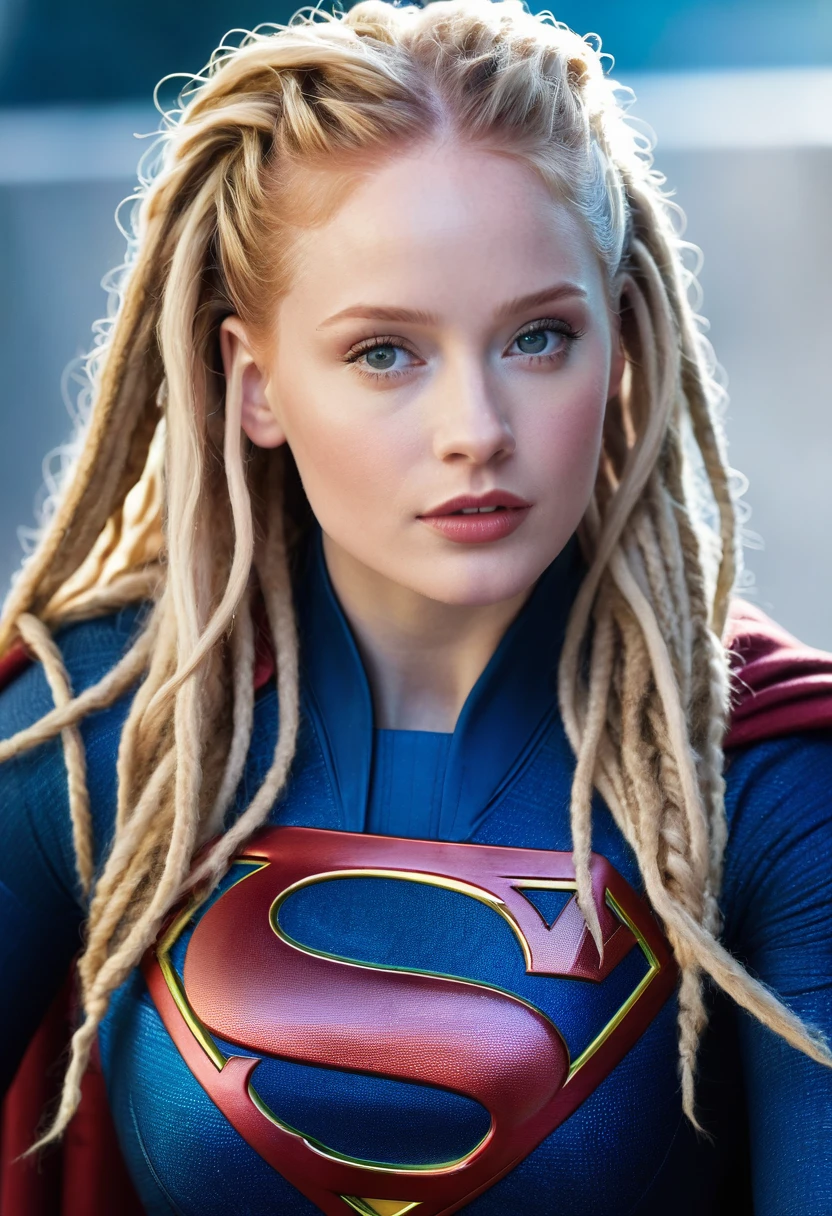 (((Extreme close-up of a beautiful woman Madelaine Petsch long blonde hair(((dreadlocks )))under the mantle of the Kryptonian Kara zor-The alias Supergirl images Surreal cinematographic HD images Color Splash))),(((Front Images))),(((dreadlocks)))
