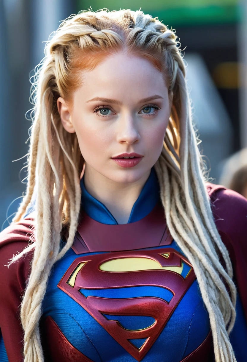 (((Extreme close-up of a beautiful woman Madelaine Petsch long blonde hair(((dreadlocks )))under the mantle of the Kryptonian Kara zor-The alias Supergirl images Surreal cinematographic HD images Color Splash))),(((Front Images))),(((dreadlocks)))