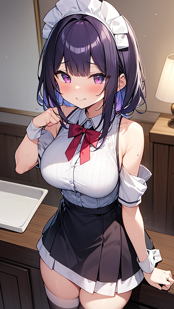 最high quality, high quality, Super detailed, 32k, Ultra-detailed details, 2 girls, With maid(only, 妹から奪った妹のかわいい顔, beautiful purple hair, Beautiful purple eyes, Big Breasts, A light smile, Red eyes, Off-the-shoulder sleeveless Summer clothes, Summer casual maid clothes, Short skirt, Blue and white color striped underwear, Black knee socks, My crotch is wet with love juice, 18-year-old,cute), with my sister(, A grotesque face with the skin peeled off, Facial muscles are fully exposed, Chest is medium, , Junior high school uniform), {{Witness the maid peeling off the skin of her sister's face and replacing it with her own}}, NSFW