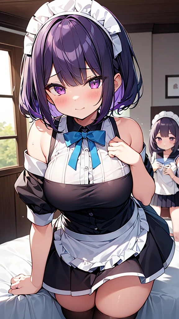 最high quality, high quality, Super detailed, 32k, Ultra-detailed details, 2 girls, With maid(only, 妹から奪った妹のかわいい顔, beautiful purple hair, Beautiful purple eyes, Big Breasts, A light smile, Red eyes, Off-the-shoulder sleeveless Summer clothes, Summer casual maid clothes, Short skirt, Blue and white color striped underwear, Black knee socks, My crotch is wet with love juice, 18-year-old,cute), with my sister(13 years old, A grotesque face with the skin peeled off, Facial muscles are fully exposed, Chest is medium, , Junior high school uniform), {{Witness the maid peeling off the skin of her sister's face and replacing it with her own}}, NSFW