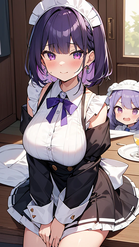 最high quality, high quality, Super detailed, 32k, Ultra-detailed details, 2 girls, With maid(only, 妹から奪った妹のかわいい顔, beautiful purple hair, Beautiful purple eyes, Big Breasts, A light smile, Red eyes, Off-the-shoulder sleeveless Summer clothes, Summer casual maid clothes, Short skirt, Blue and white color striped underwear, Black knee socks, My crotch is wet with love juice, 18-year-old,cute), with my sister(, A grotesque face with the skin peeled off, Facial muscles are fully exposed, Chest is medium, , Junior high school uniform), {{Witness the maid peeling off the skin of her sister's face and replacing it with her own}}, NSFW