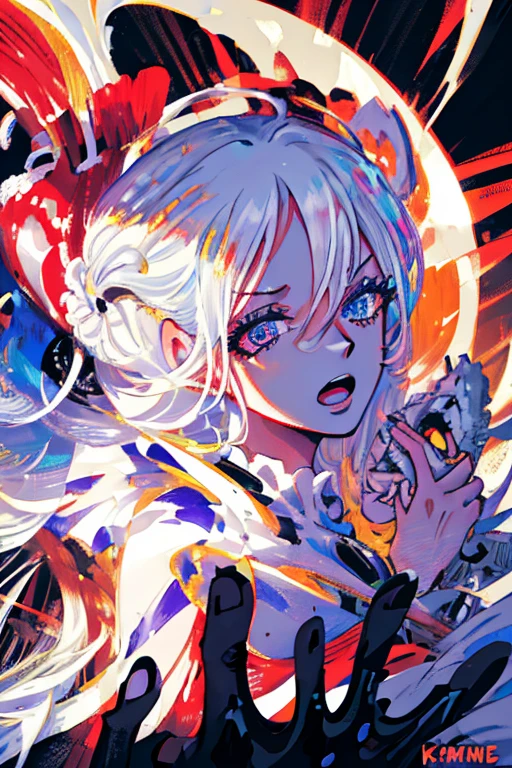 a woman in a black dress, white wavy hair, ruby eyes, sonic scream, beautiful detailed eyes, beautiful detailed lips, extremely detailed eyes and face, long eyelashes, cinematic lighting, dramatic pose, hyper realistic, photorealistic, 8k, high quality, intricate details, masterpiece, white hair, hair wave, dress, pirate