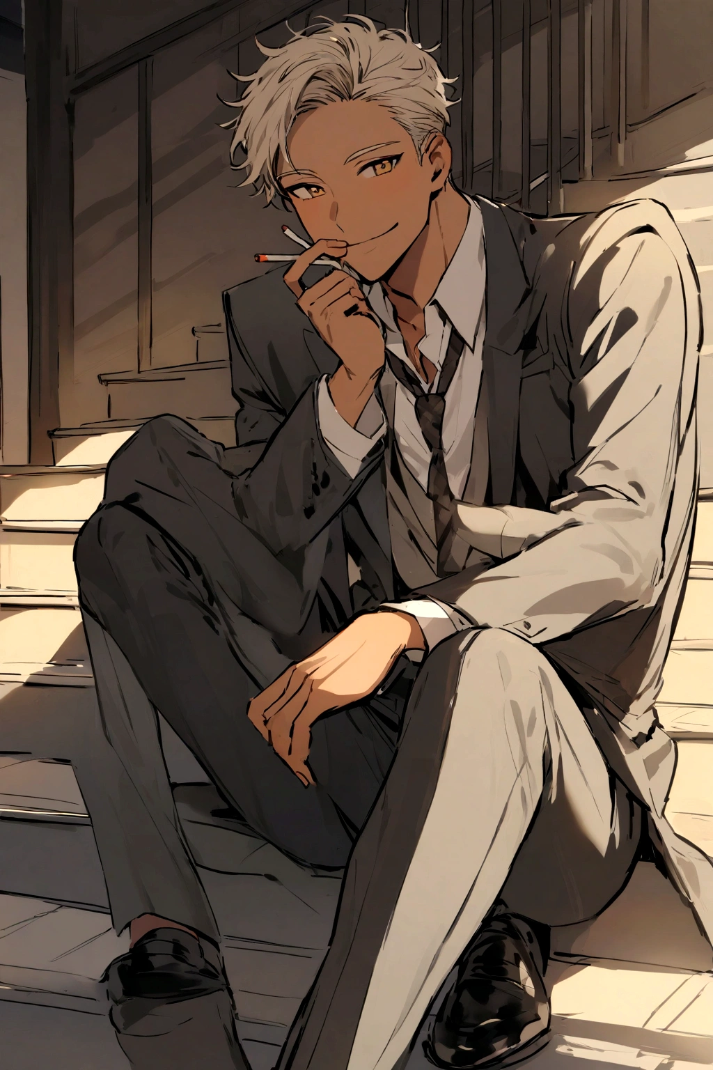Handsome light tan skinned boy in  sitting on the stairs with a cheerful smile while smoking on the stairs from his high school 