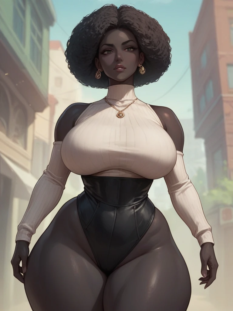 Anime Milf, sexy, black skin, exaggeratedly huge tits, giant hips ,huge thighs, thin waist 