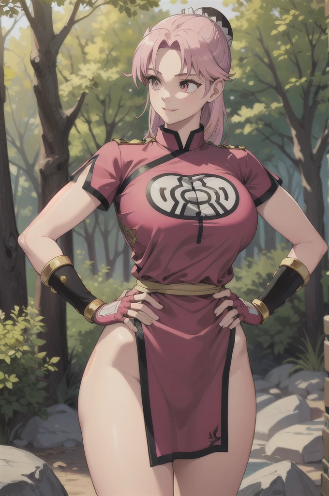 maam,big breasts,beautifuleyes,narrow waist,realistic,solo,outdoor,forest, martialMaam,pink hair,hair bun,long hair,china dress,short sleeves,sash,fingerless gloves,beautiful legs,(hands on hips, looking away) smile 