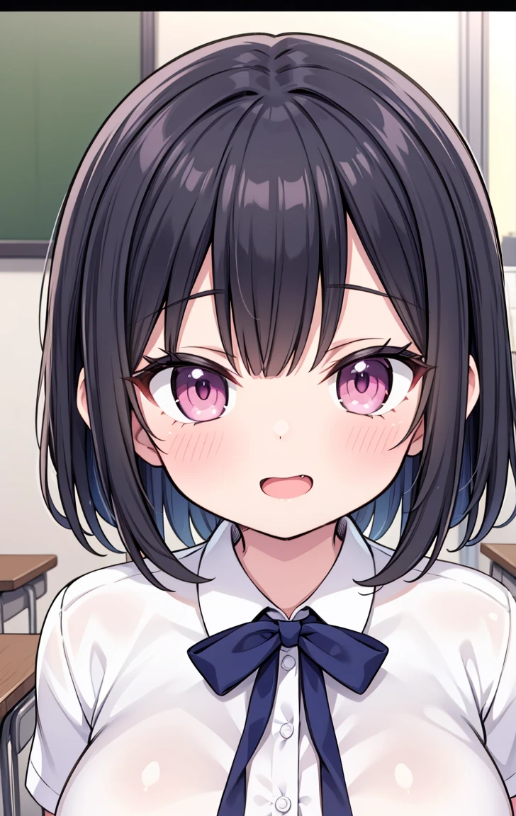 (Pieces fly, Highest quality, High resolution, Ticker, Pixel perfect, Depth of written border, In 4K), 
1 Girl, alone, , Beautiful Anime Girls, 
View your viewers, 
Perfect body,  

short hair, Black Hair, Pink Eyes, 

smile,  Open your mouth, blush, 

JK Huge , White shirt, big , Blue Ribbon, 
classroom, 

throw, Close-up shot, 