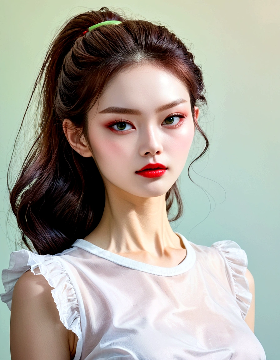 (Close-up of the upper body of a woman wearing a green sleeveless frilly blouse), Surrealistic, realistic and exquisite digital illustration, (Beautiful face_delicate features, clear and pale skin), long brown wavy hair, inspired work,