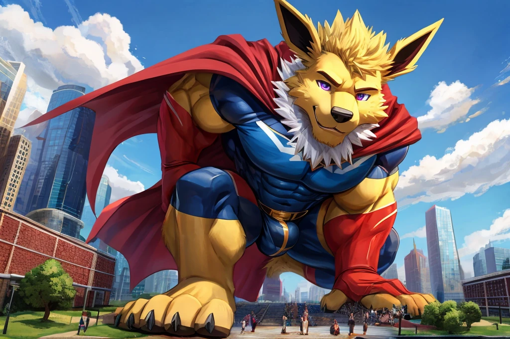 Giant Anthropomorphic Jolteon Pokemon Man, Purple Eyes, Muscular, Looming over the viewer, Tired, Handsome, Charming, View from below, Daddy, Bara, Horny, Flirty, Older Brother, Four toed feet, cock and balls, teasy, teasing the viewer, Macro, Bully, Jock, flirting with tiny viewer, Superhero Costume, Black underwear, Cape