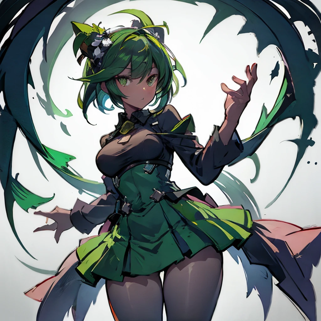 Create an ultra-detailed, best quality, high-resolution masterpiece depicting an umbral elemental with an anime girl figure seeping with green energy perfect shadows, high quality shading, photorealistic, Fukua, dark skin, Fukua- Skullgirls