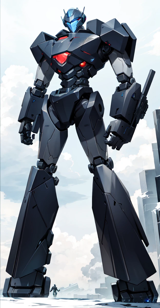 A colossal robot standing in the midst of a violent thunderstorm. The robot has a powerful and intimidating presence with a sleek, armored body in shades of dark blue and red. Its eyes are glowing brightly, and a radiant energy core is visible on its chest. Lightning bolts are striking around and onto the robot, illuminating the scene with intense, dramatic light. The robot’s cape is tattered and flutters in the fierce wind. The background is filled with dark, stormy clouds, with occasional bursts of lightning cutting through the sky. The overall atmosphere is intense and electrifying, conveying a sense of epic power and dominance.
