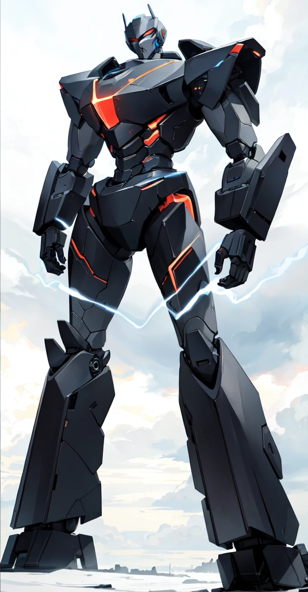 A colossal robot standing in the midst of a violent thunderstorm. The robot has a powerful and intimidating presence with a sleek, armored body in shades of dark blue and red. Its eyes are glowing brightly, and a radiant energy core is visible on its chest. Lightning bolts are striking around and onto the robot, illuminating the scene with intense, dramatic light. The robot’s cape is tattered and flutters in the fierce wind. The background is filled with dark, stormy clouds, with occasional bursts of lightning cutting through the sky. The overall atmosphere is intense and electrifying, conveying a sense of epic power and dominance.