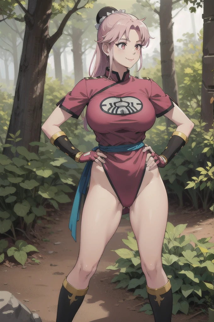 maam,big breasts,beautifuleyes,narrow waist,realistic,solo,outdoor,forest, martialMaam,pink hair,hair bun,long hair,china dress,short sleeves,sash,fingerless gloves,beautiful legs,(hands on hips, looking away) smile 