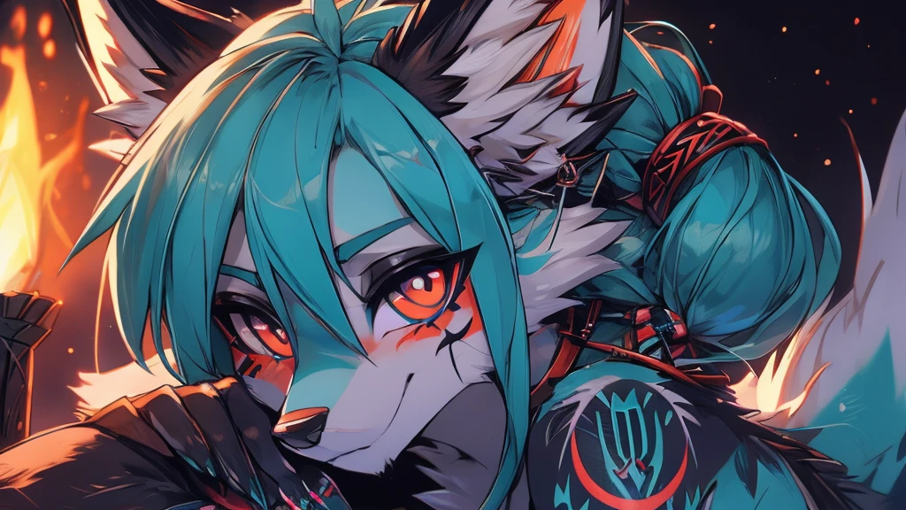 Miku Hatsune, add high definition_detail:1, blue fur,kitsune ears, tribal tattoo add_detail:1, hell vixen add_detail 