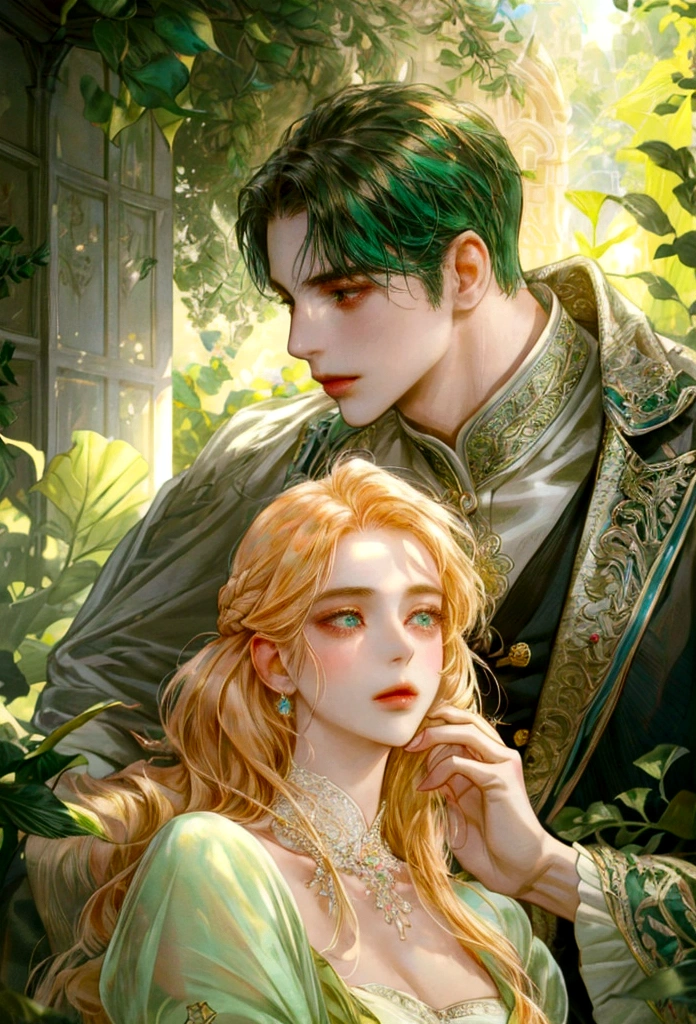 a romantic couple, perfect facial features, beautiful eyes, delicate lips, elegant hairstyles, affectionate poses, vibrant colors, glowing ambient lighting, intricate details, cinematic composition, serene garden setting, lush foliage, warm sunlight, dreamlike atmosphere, masterpiece, high resolution, photorealistic