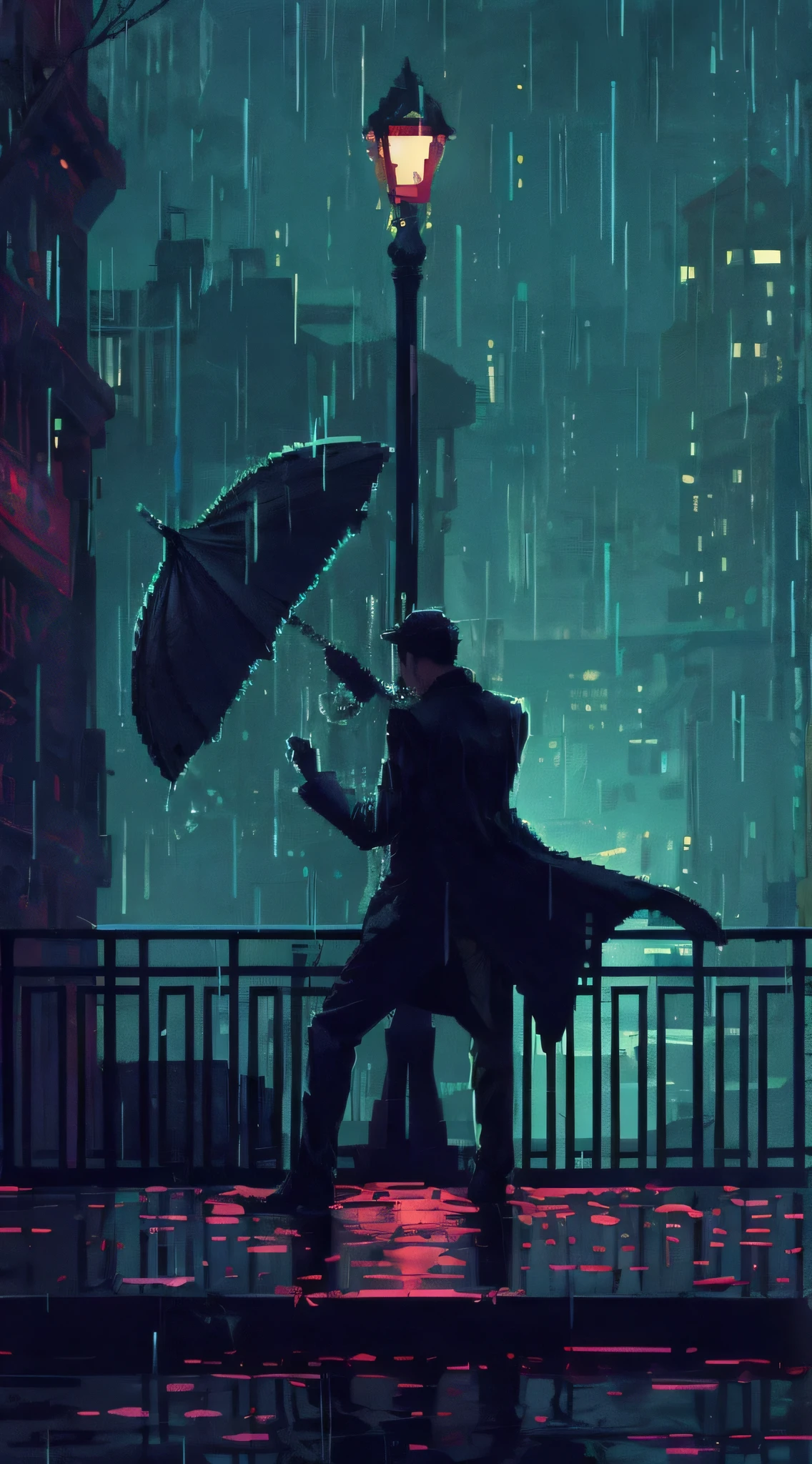 8-bit pixel art, film noir, a well-dressed man is dancing in the rain while holding an umbrella, elaborate details