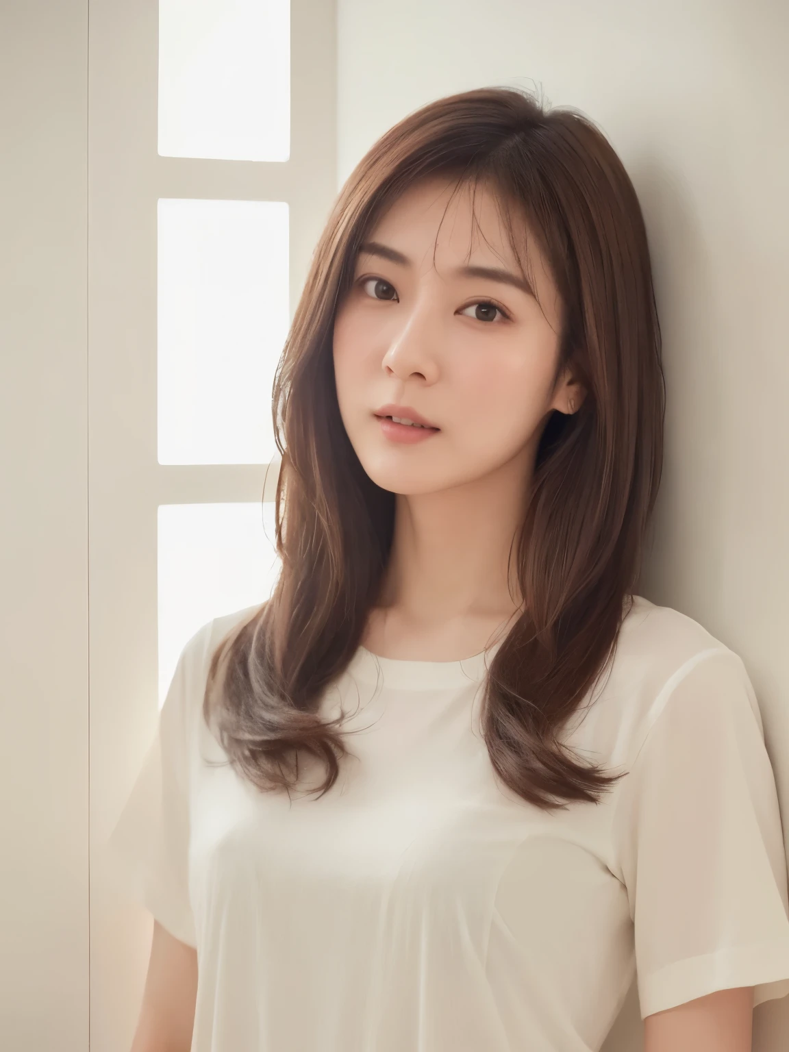 Short sleeve shirt、Japanese woman in her 30s、(White wall in the background、Reddish hair color)、profile、Look down、Photographed in front of a white wall、Layered Cut、Very delicate hair、(In a room with white walls and windows)、((Highest quality、8K、masterpiece:1.3))、Ultra-high resolution、(photoGenuineistic:1.4)、RAW Photos、Japanese,(detailed aspects)、Genuine、Photographed in natural light、Highly detailed face and skin texture、Highly detailed lips、The correct state of the human body、Medium Hair、Black Hair、Various poses、Natural color lip