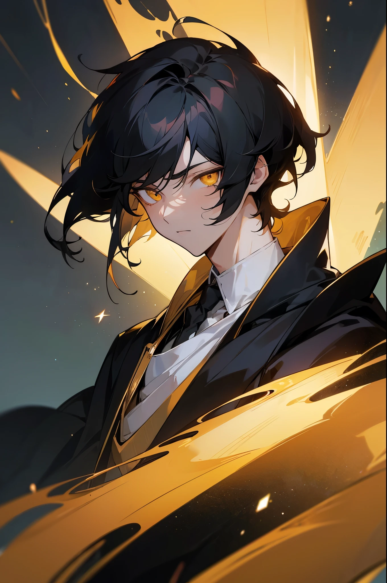 (best quality, masterpiece anime boy, blpnde, dark simple background, galaxy, black hair, golden eyes, looking at viewer, upper body
