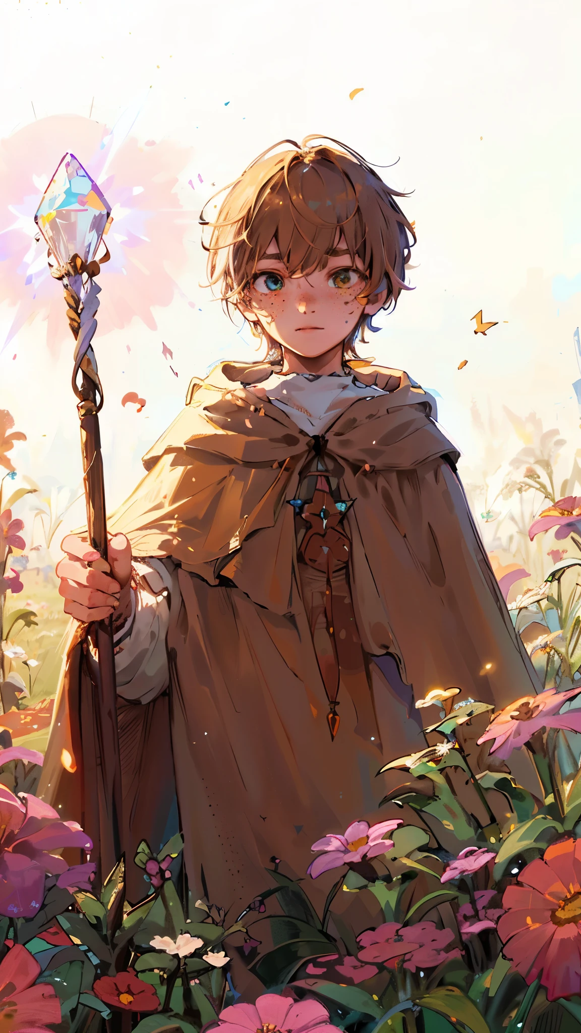 teenager with freckles and a look of wonder, dressed in a simple brown cloak, stands amidst a field of wildflowers on a sunny day. They hold a staff topped with a glowing crystal in their hand, channeling a soft, pink mist that rises from the ground around them – a manifestation of their healing magic, ((freckles)), ((magic))