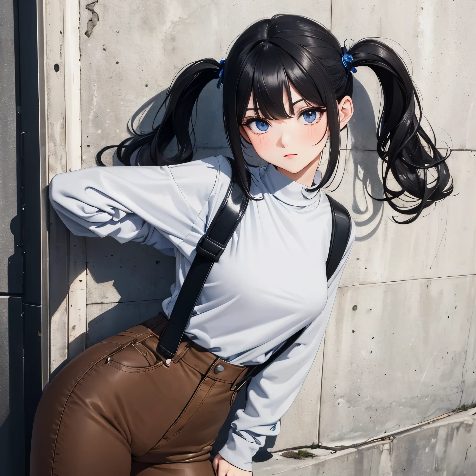 absurderes, ultra-detailliert,bright colour,(in 8K:1.3),masuter piece,extremely beautiful detailed face and eyes, 25 years old,(Smooth straight black hair), (Shiny pigtails hair),(Pattsun bangs), (Deep blue eyes) Delicate beautiful face, red blush, (wearing brown neck long sleeves shirt and grey comfort pants outfit) Nice spot, y2k camera type, leaning against the wall.