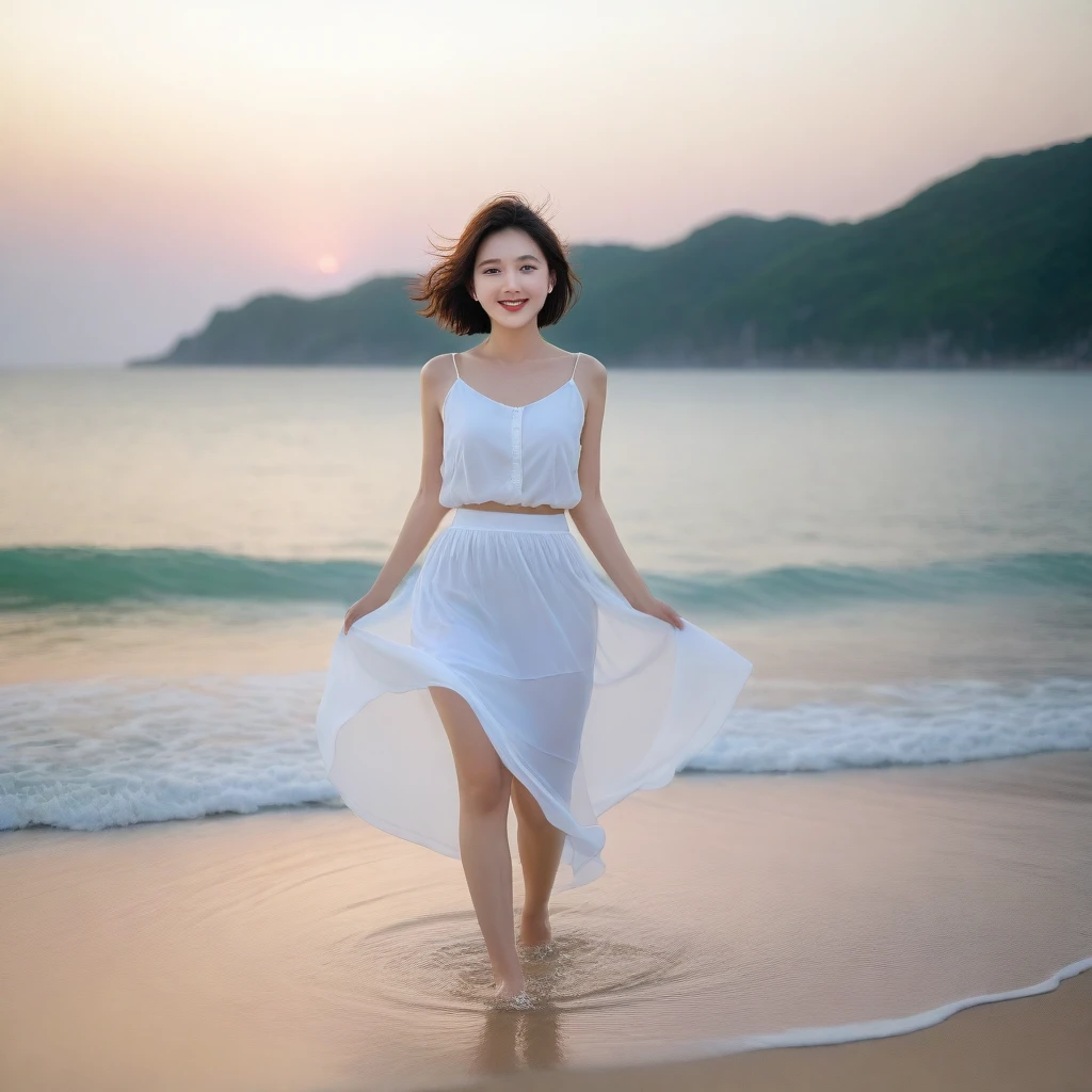 sunset on the beach,A strong afterglow is reflected in the sea., Beautiful 36 year old short Korean woman, Chest size 34 inches, Wear sleeveless, light skirt. beautiful pretty woman look , wearing a light skirt , Go far into the sea water and dip your toes., Short medium hair blowing in the wind, 1 woman, beautiful eyes, a little smile, Full body photo from a distance with a wide angle lens, The background is clear and perfect