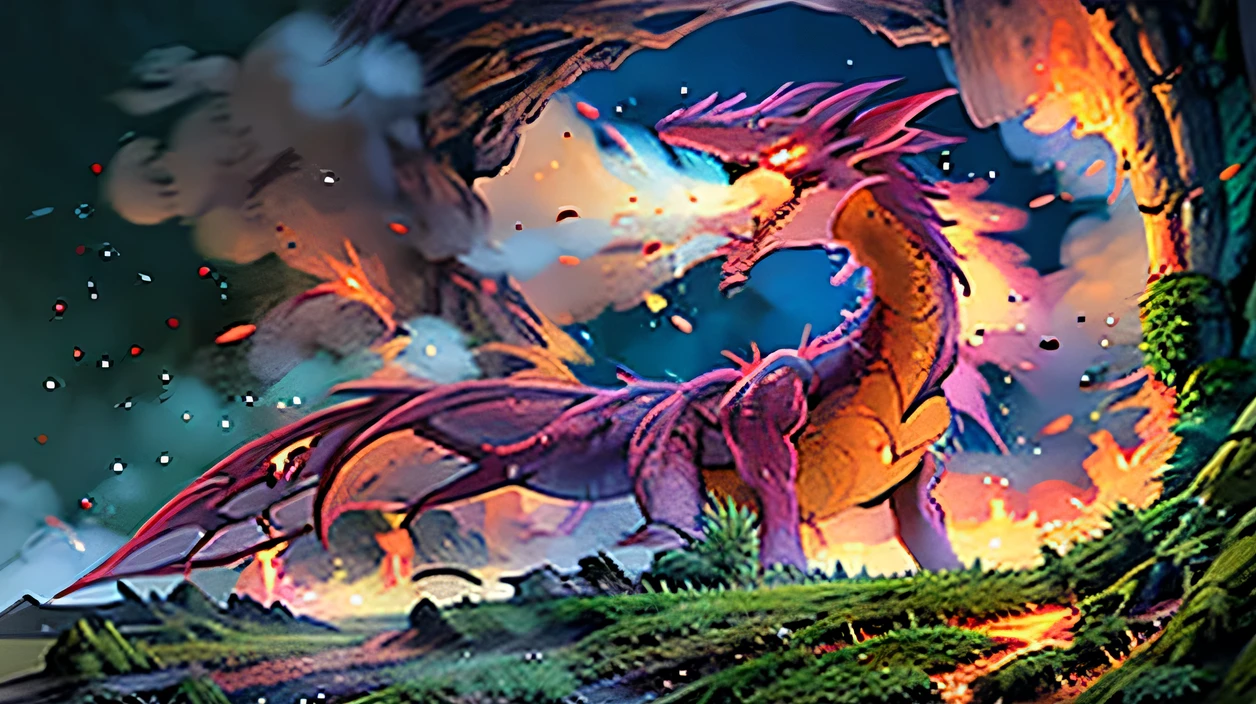 Best quality, masterpiece, volcano eruption, fire breathing dragon, chibi,