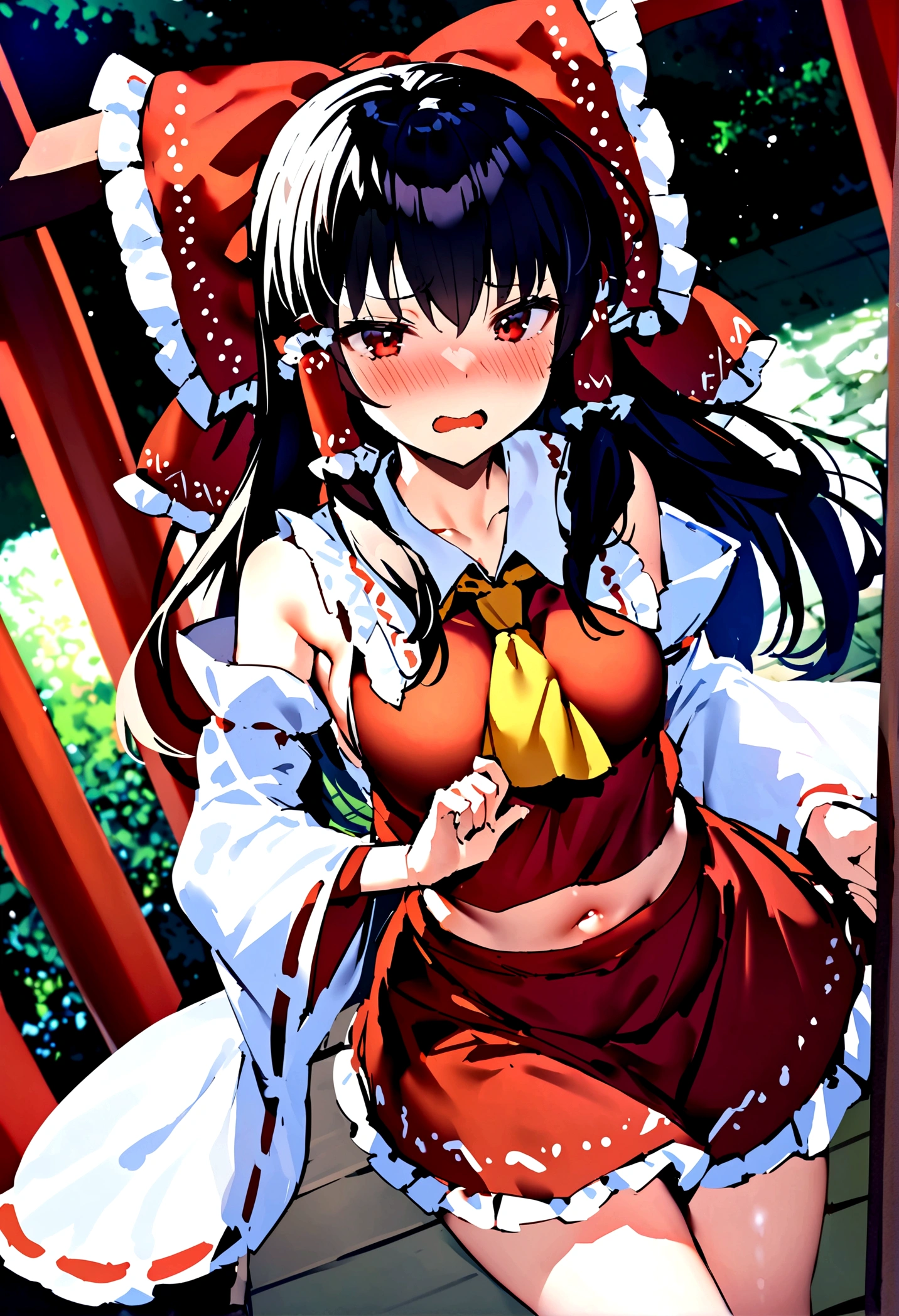 NSFW,masterpiece,Highest quality,High resolution,Super detailed,Reimu Hakurei\(Oriental Project\),Hakurei Reimu,Embarrassed,Frustrated face,Lust,blush,Expecting face,Seduce,shrine,Offering box,whole body