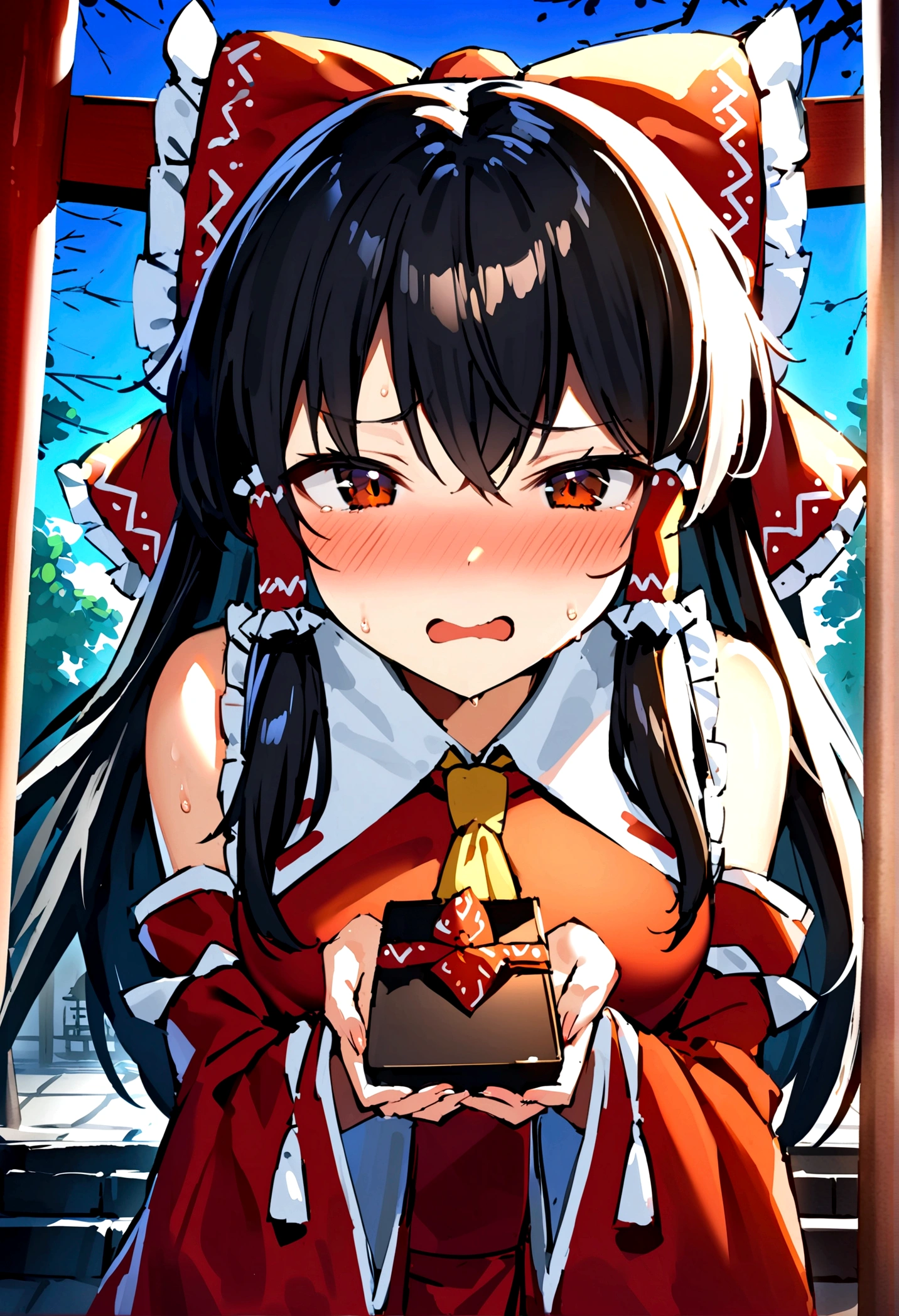 NSFW,masterpiece,Highest quality,High resolution,Super detailed,Reimu Hakurei\(Oriental Project\),Hakurei Reimu,Embarrassed,Frustrated face,Lust,blush,Expecting face,Seduce,shrine,Offering box,whole body